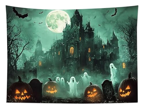 HVEST Horror Halloween Tapestry Wall Hanging Scary Bat Ghost and Spooky Pumpkin Wall Art Gothic Haunted House and Full Moon Halloween Tapestry for Bedroom Living Room Dorm Wall Decor, 51L X 59W inches - color: Green, size: 51"L x 59"W