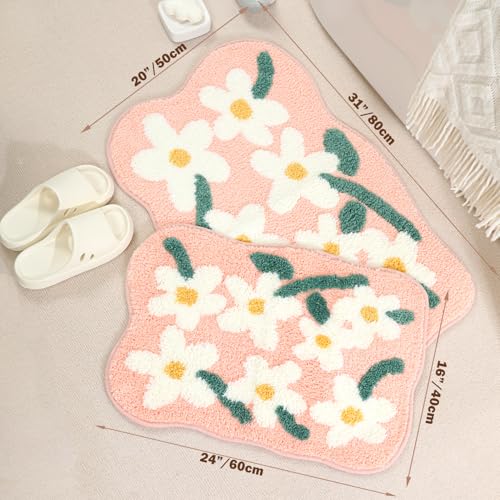 Absorbent Bath Rugs Mat - Extra Thick Bathroom Rug, Non-Slip Soft Plush Mat for Bathroom and Bedroom, Machine Washable, White Flowers, 20" x 31" (50 x 80 cm) - color: White Flowers, size: 1'8" x 2'7" (Rectangular)