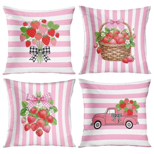 Throw Pillow Covers, Pink Bow, Set of 4, 18"x18" - color: Pink Strawberry