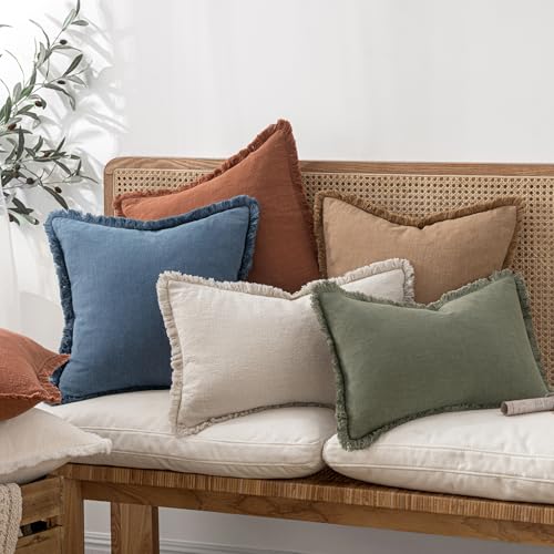 MIULEE Boho Linen Fringe Decorative Throw Pillow Covers Blue Ashes 18x18 - color: Blue Ashes, size: 18" x 18" (Pack of 2)