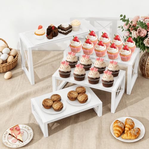 ELITEROO Tiered Display Stand, Wooden 4 Tier Display Risers, Nesting Cupcake Stand for Dessert, Food, Cupcake, Collectibles, Buffet Table, and Market Vendor Events Retail Shelf Organizer, White - color: 4 Tier, White