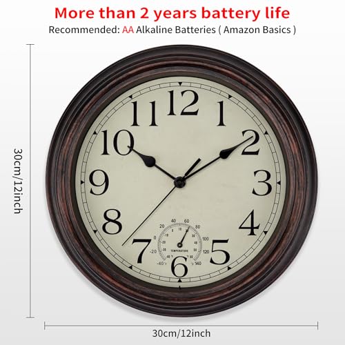 Foxtop Indoor Outdoor Waterproof Wall Clock with Thermometer, 12" Bronze - color: Bronze Outdoor, size: 12 Inch