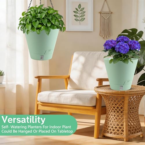 8 Inch Hanging Planters Indoor Outdoor, 3 Pack Plastic Self Watering Plant Pots with Drainage Holes & Saucers, Hanging Baskets Flower Pots with Chain for Ivy, Spider Plant, Pothos, Ferns - color: Green