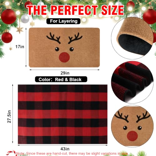 2-Piece Christmas Door Mat Set, Coir Front Door Mat & Red Black Plaid Mat - color: Red and Black