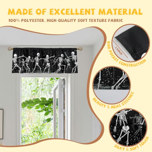 Skeleton Curtain Valance for Windows 2 Pack Dance Halloween White Black Rod Pocket Window Treatments Short Curtains for Kitchen Windows Bathroom Bedroom 54x18 Inch - color: Skeleton