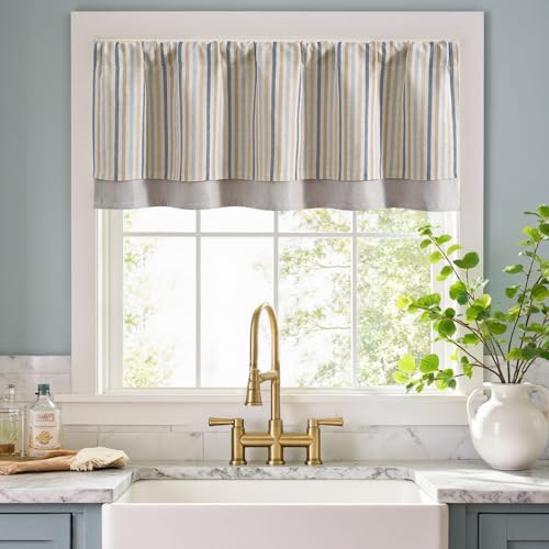 jinchan Stripe Linen Kitchen Valance Curtain, 50x18, 1 Panel, Multi Blue - color: Boxter Striped | Multi Blue on Linen, size: 50"W x 18"L (Pack of 1)