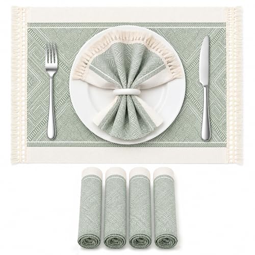Placemats Set of 6, 13.8 x 17.7 Inch, Polyester, Jacquard Woven - color: Polyester-13.8 X 17.7inch-sage Green