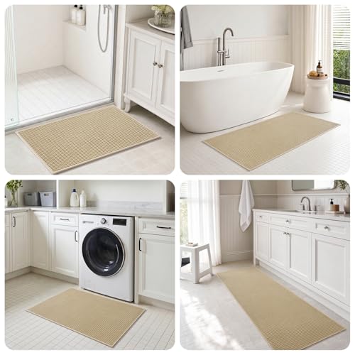 tchdio Bathroom Runner Rug, Absorbent Washable Thin Bath Mat, Non Slip Quick Dry Bath Rugs with Solid Rubber Backing, Low Profile Bath Mat, Beige, 24" x 70" - color: Beige, size: 5'10" x 2' (Rectangular)