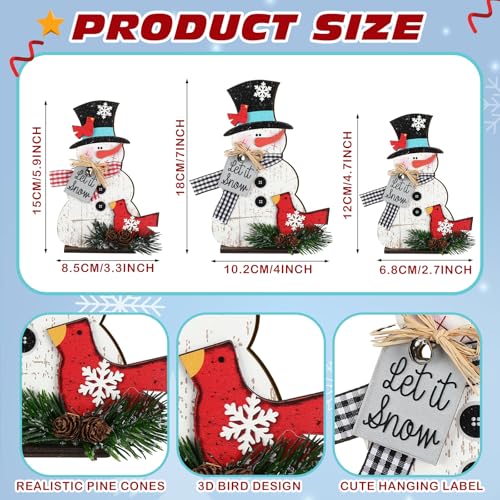 Cinnvoice 3 Pcs Christmas Snowman Decorations, Wooden Snowman Table Decor