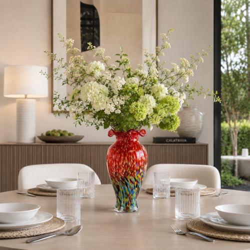 12" Tall Hand Blown Glass Vase – Pretty Ruffle Wide Mouth Decorative Flower Vase, for Modern Home Decor, Ideal Centerpiece for Living Rooms, Wedding & Home Decor - color: Red, size: Small