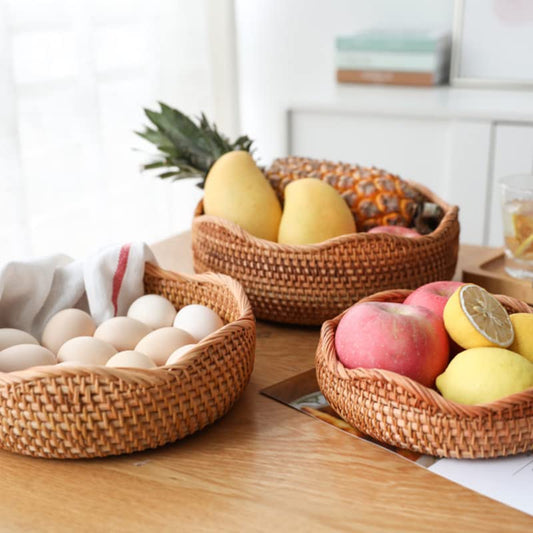 Rattan Bread Basket, Hand Woven Fruit Basket, Wicker Serving Basket Bowl, Decorative Baskets for Kitchen Counter Organizing, Set of 3 (Wave) - color: Wave