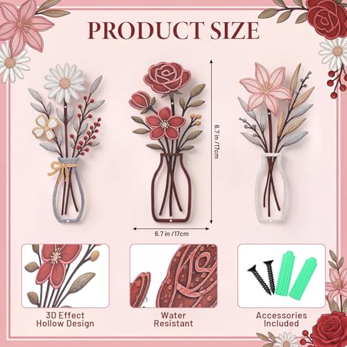 Pelopy 3 Piece Metal Flower Wall Art Rustic Farmhouse Floral Decor for Living Room, Bedroom, Bathroom, Dining Room Boho Modern Minimalist Wall Hanging Sculptures Gifts Decoration