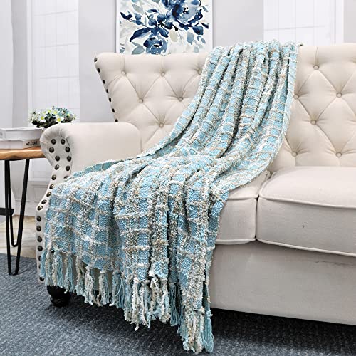 Home Soft Things Multi-Color Chenille Couch Throw Blanket, Light Blue, 50" x 60'' Soft Warm Cozy Tartan Blanket with Tassels Throw Blanket for Living Room Bed Sofa Chair Décor - color: Light Blue, size: 50" x 60"