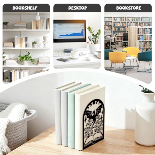 Peacoblue 4.7"x3.5"x7.1" Metal Bookends, Heavy Duty Book Ends for Shelves - style: Book Flower and Dragon