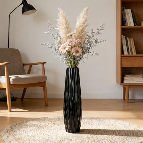 Black Tall Ceramic Floor Vase, 17.7 Inch, Ribbed Design - size: 17.7 Inch