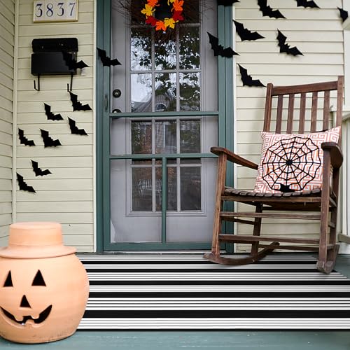 LEEVAN 4'X6' Black and White Striped Woven Cotton Reversible Outdoor Rug - color: Black Strip, size: 4' x 6'
