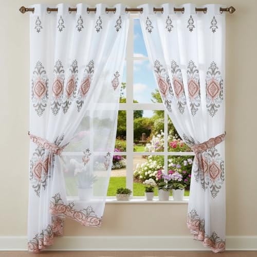 J&V TEXTILES Embroidered Curtain Set, 2 Panel Drapes with Backing & Valance, Medallion Pattern (Blush) - color: Blush