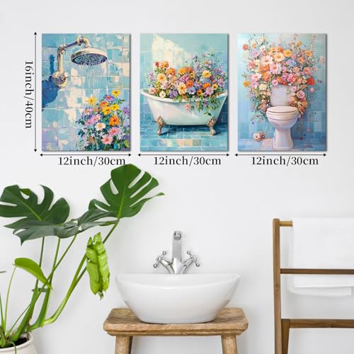 LyerArtork 3 Pieces Bathroom Wall Art Canvas Prints Botanical Floral Pictures Shower Bathtub Toilet with Colorful Flowers Painting Blue Wall Decor for Bathroom Shower Room 12"x16"x3