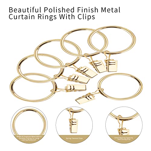 40 Pcs 1.5" Metal Curtain Rings with Clips, Drapery Hanging Rings Clips for Tension Rod Bracket Eyelets Decorative Hangers, Gold