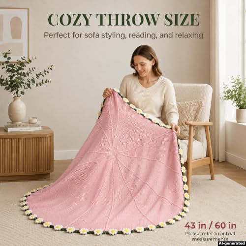 Daisy Crochet Flower Bouquet Blanket, Handmade Knitted Throw Blanket - color: Pink Daisy, size: Medium