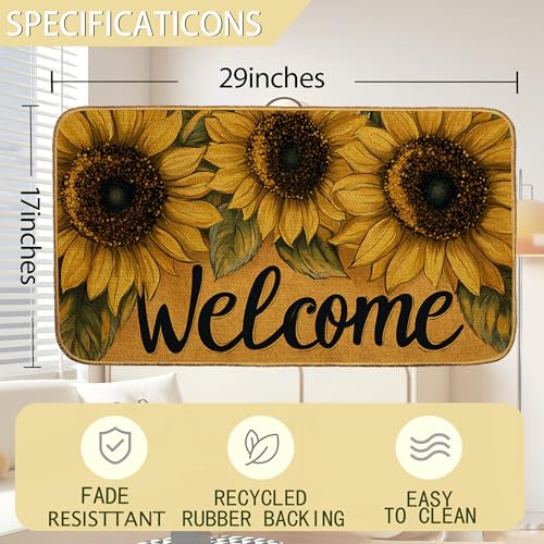 Sunflower Welcome Door Mat, Non-Slip Front Doormat for Indoor, Low Profile Entrance Rug 30x17 Inch, Summer Home Gift - color: Welcome Sunflower