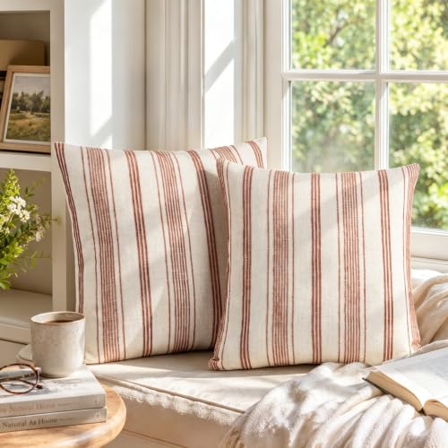 AELS 20x20 Decorative Farmhouse Linen Blend Throw Pillow Covers, Beige with Terracotta Chenille Striped Pillow Case, Set of 2, Boho Textured Cushion Cover for Sofa Couch Living Room (Cover ONLY) - color: Terracotta, size: 20" x 20" (Pack of 2)