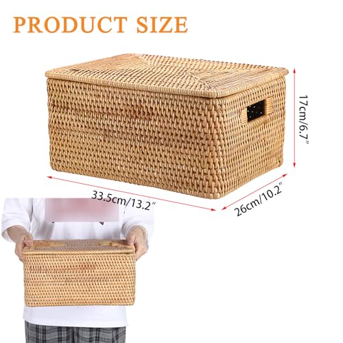 Hipiwe Wicker Storage Bin with Lid & Handle Handwoven Rattan Shelf Baskets - size: 13.2"L x 10.2"W x 6.7"H
