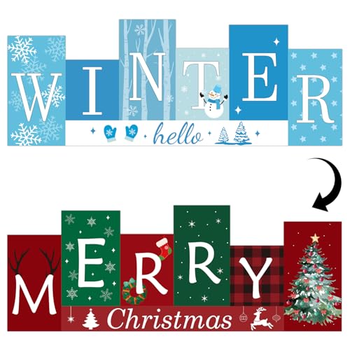 Christmas Table Decorations Wooden Winter Table Centerpieces Merry Christmas Reversible Double-sided Pattern Sign Standing Tabletop Merry for Holiday Office Desk Party Shelf Farmhouse