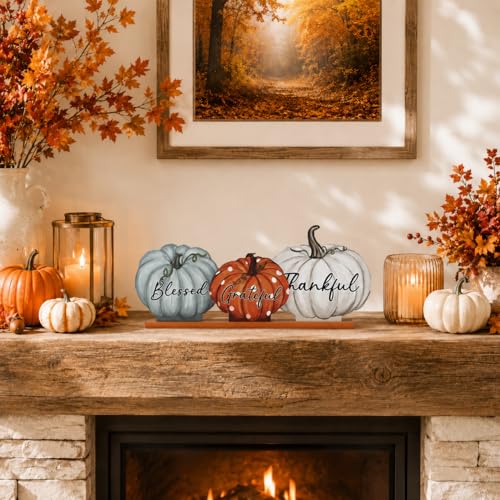 Smile Pumpkin Tiered Tray Sign Blessed Grateful Thankful Thanksgiving Wood - style: Thankful