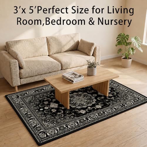 Boho Black Area Rug 3x5 Soft Machine Washable Neutral Vintage Area Rug with Non-Slip Backing Low Pile Throw Rugs for Entryway, Living Room, Kitchen, Kis Room, Office, Bedroom, Laundry Mat Carpet Decor - color: Bohoblack, size: 3' x 5' (Rectangular)