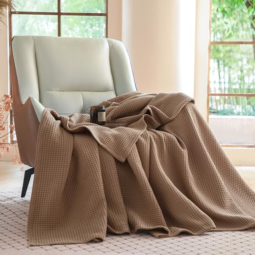 Simple&Opulence 100% Cotton Waffle Weave Throw Blanket 50"x60", 260GSM Pre-Washed Soft Cooling Lightweight Breathable All-Season Layer Blanket, Home Decor Gift for Adults, Couch Bed Sofa, Light Brown - color: Light Brown, size: Throw(50"X60")