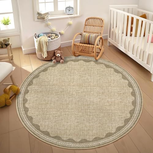 GarveeHome Scalloped Jute Print 4 ft Round Rug Washable Non-Slip Soft Ultra-Thin Small Circle Modern Cottage Core Solid Tan Carpet for Entryway Kitchen Bedroom Nursery Dining Room Tan - color: Jute, size: 4' (Round)