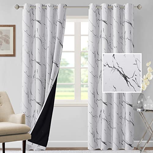 H.VERSAILTEX 100% Blackout Curtains 84 inch Length 2 Panels Set Marble Designs Printed Drapes Thermal Curtains for Bedroom with Black Liner Sound Proof Curtains, Grey - color: Marble- Grey, size: 52"W x 84"L (Pack of 2)
