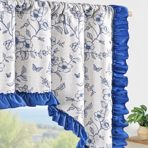 Yinhua Floral Valances for Windows, French Country Ruffle Swag Curtains, Linen Light Filtering Window Valances Rod Pocket Kitchen Curtains Valance for Living Room, 60" W x 36" L, 1 Panel, Blue - color: Blue, size: 60"W x 36"L (Pack of 1)