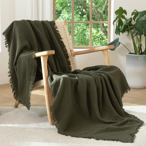 MooMee 100% Cotton Muslin Blanket, Fringed 4-Layer Gauze Bed Couch Throw - color: Olive Green, size: Throw