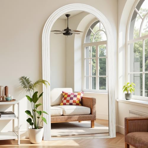Antok Full Length Mirror 82"×44" Floor Mirror Standing Tall Mirror, Arched Stand up Large Wall Mirrors, Freestanding Full Body Mirrors for Bedroom Living Room Wood Vintage Style White - color: White, size: 82"L x 44"W, style: Wood Vintage Style