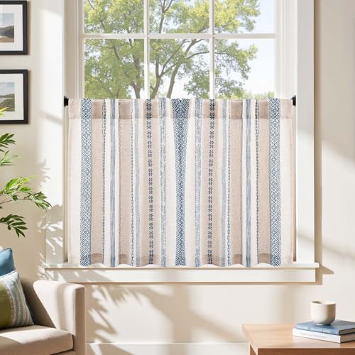 jinchan Liora Blue Boho Linen Tier Curtains 24 Inches Back Tab 2 Panels - color: Liora | Blue on Linen, size: 26"W x 24"L (Pack of 2)