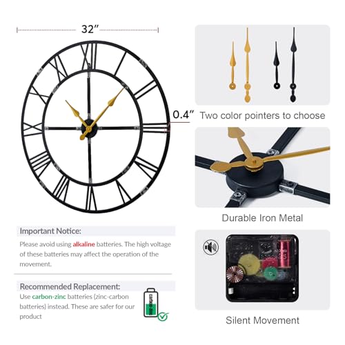 32 Inch Large Silent Wall Clock, Easy Assembly Roman Numeral Black - color: Black Metal Wall Clock, size: 32inch