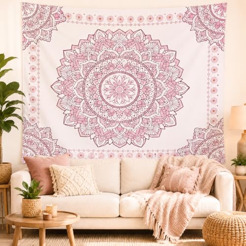 Pink Mandala Tapestry for Bedroom Aesthetic, Boho Art Large Wall Hanging - color: A Pink Mandala Tapestry, size: 79"L x 60"W