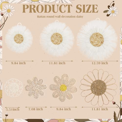 Chunful 7 Pcs Boho Wall Basket Decor Rattan Flower, Milky White - color: Milky White