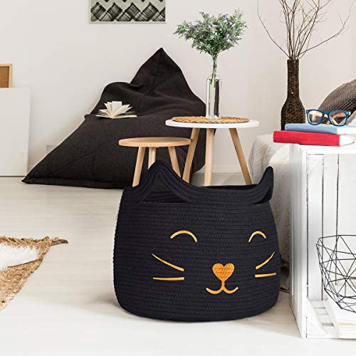 Large Woven Rope Cat Toy Basket with Cat Face Design, Black - color: Black, size: 15.7"W x 11.8"H