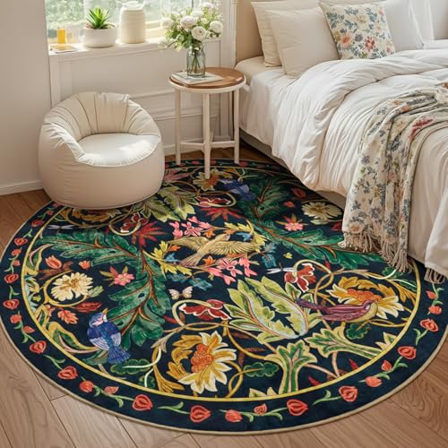 nesrt Jungle Round Area Rugs 8ft for Living Room, Soft Non-Slip Boho Circle Bedroom Rug, Washable Low Pile Floral Woodland Birds Throw Carpet for Dining Room Nursery Playroom (Dark Green) - color: Dark Green, size: 8' (Round)