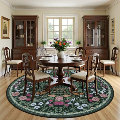PLHXFR Round Area Rug Living Room: 8 ft Floral Washable Carpet Dark Green - color: Dark Green, size: 8' (Round)