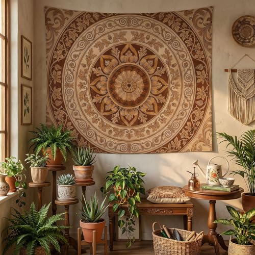 Spenlife Vintage Woodcut Mandala Tapestry, Antique Brown Medallion Wall Decor, Classical Floral Carving Wall Hanging for Study Room (60" x 44") - color: Brown, size: 60"L x 44"W
