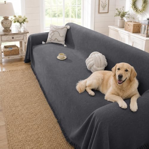 Chenille Couch Cover for Dogs Washable Boho Throw Blanket Washable - color: 01 Dark Gray, size: 71"×118"