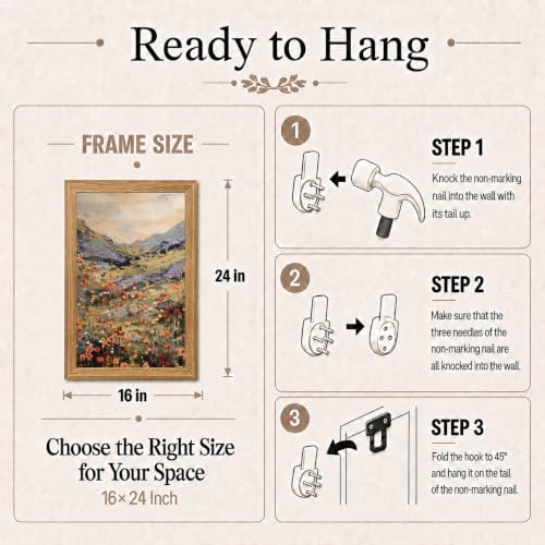 With blooming wildflowersCanvas Wall Art Framed Rustic Meadow 24x16 Inch | Ready To Hang botanical landscape rustic boho modern Prints Picture Poster living room bedroom bathroom entryway foyer - color: wildflower Landscape 01, size: 24"L x 16"W