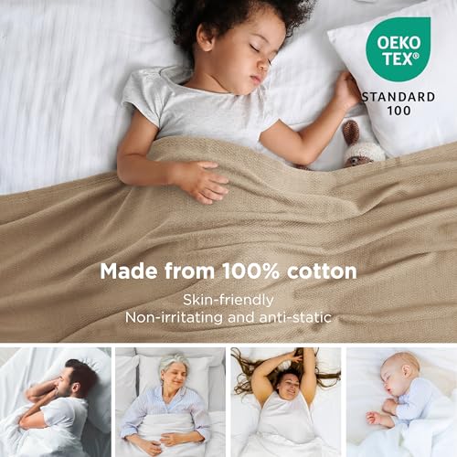 Bedsure 100% Cotton Blanket, Herringbone Weave, Full, Light Brown - color: 00 - Light Brown, size: Full