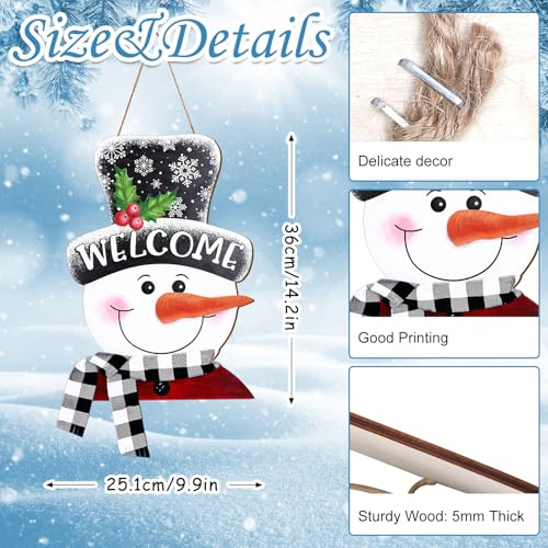 Whaline Winter Snowman Wooden Hanging Sign with Black White Buffalo Plaid Scarf Ribbon Snowman Welcome Sign Xmas Door Decor Sign for Christmas Winter kitchen Indoor Outdoor Porch Wall - style: vivid