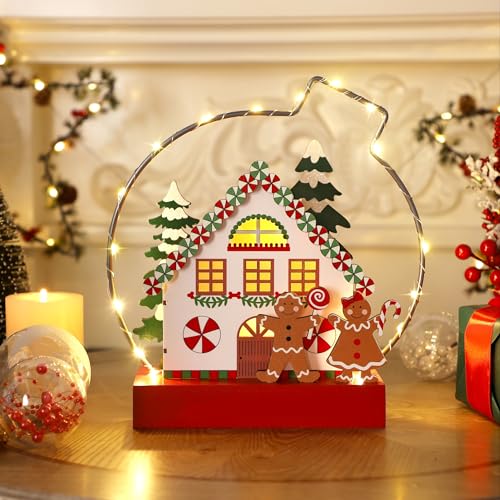 Christmas Tabletop Decoration, Wooden Lighted Gingerbread House Ornaments, Battery Operated Christmas Indoor Fireplace Home Table Decorations - style: Gingerbread House