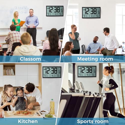 SZELAM Atomic Clock,16.7" Large Display Digital Wall Clock Battery Operated,Digital Calendar Auto Setting Desk Clocks with Indoor Temperature, Humidity,Date,Day,Auto DST for Elderly Bedroom Classroom - color: 16.7" Atomic